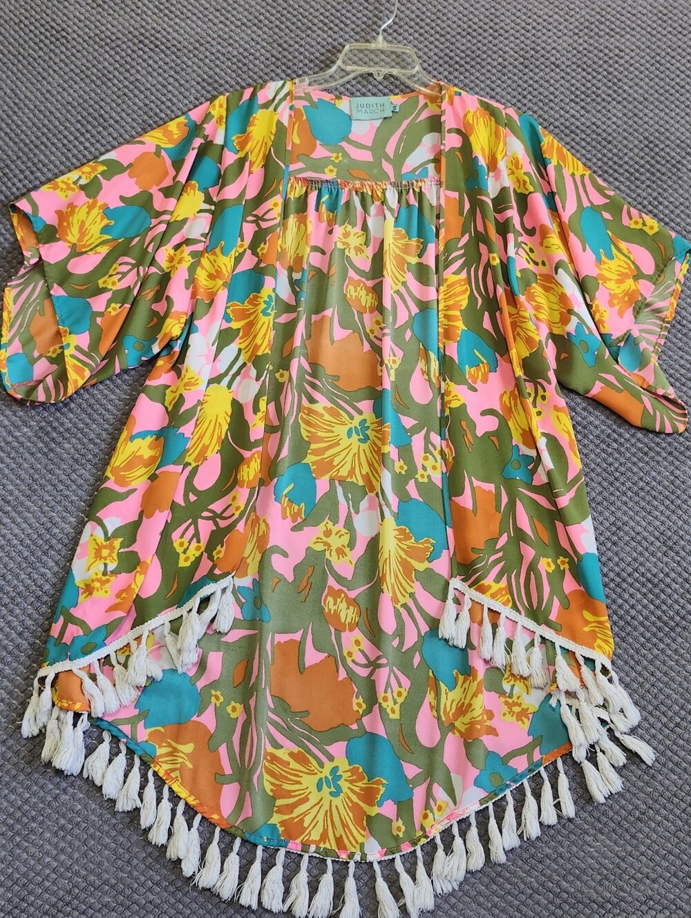 Judith March Pink & Olive Green Floral Kimono with Tassel Trim